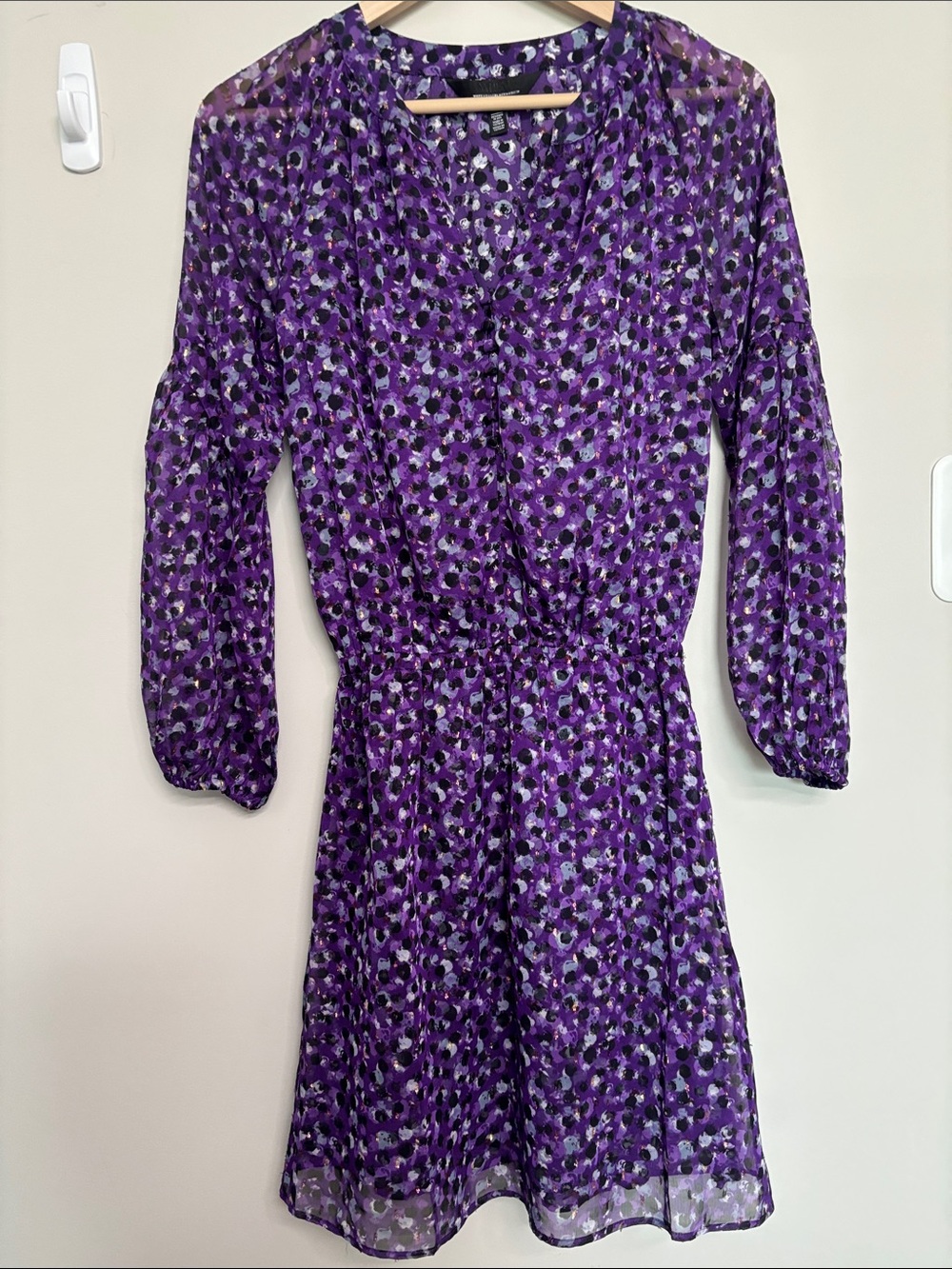 White House Black Market Purple Printed Long-Sleeve Dress XXS